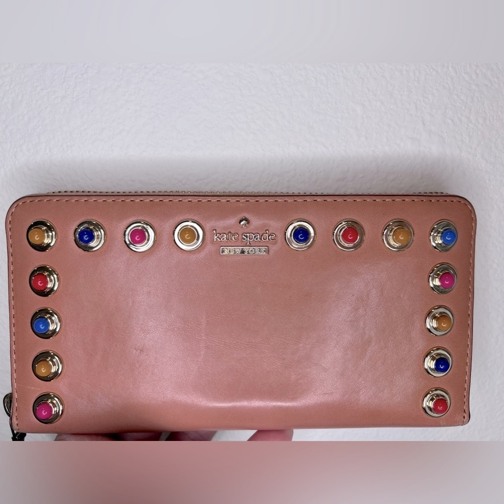 Kate Spade Tan Zippy Wallet With Colorful Buttons